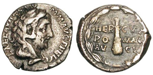 Somewhat shabby, but good as a denarius from Commodus goes. Note the lionskin headdress and club that equates him with Hercules. He thought he was Hercules reborn. What an asshole.