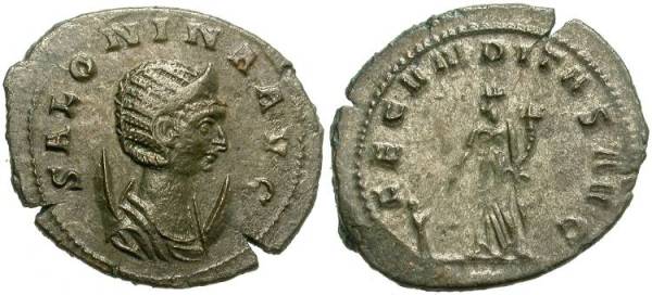 This issue in the name of Salonina, Gallienus' wife, was more typical of the transition. The style and strike is notably weaker, the base metal more in evidence, but some of the silver wash remains. Example get much much worse from here on out.